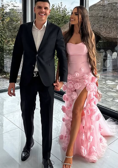 Chic Pink Strapless Long Prom Dress with 3D Flowers Y2723