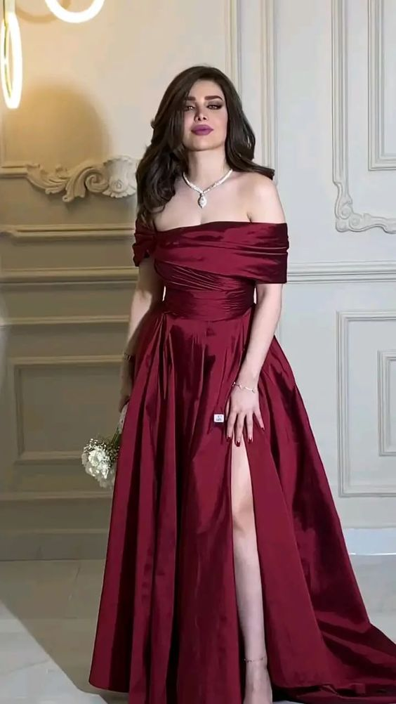 Burgundy Off The Shoulder Satin Long Prom Dress,Formal Gown Y4618