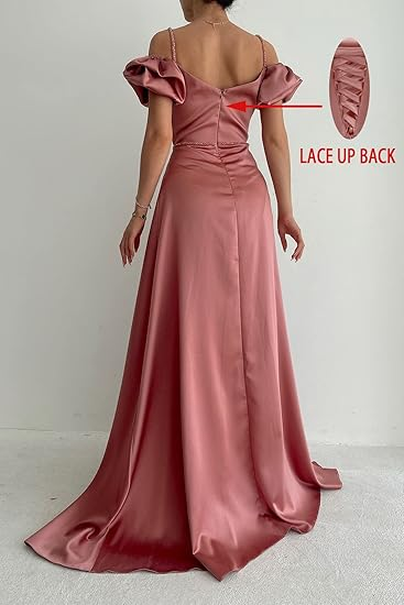 Elegant Dusty Rose Off-the-shoulder A-line Prom Dress With Slit Y4829