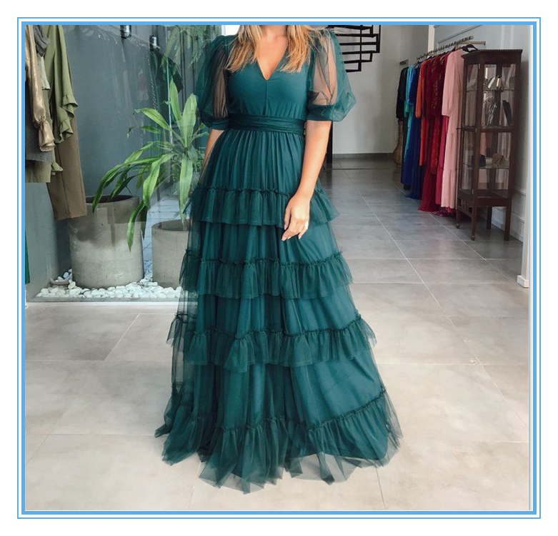 Charming V-neck Pleat Tiered Green A-line Prom Dress Simple Half Sleeves Y4299