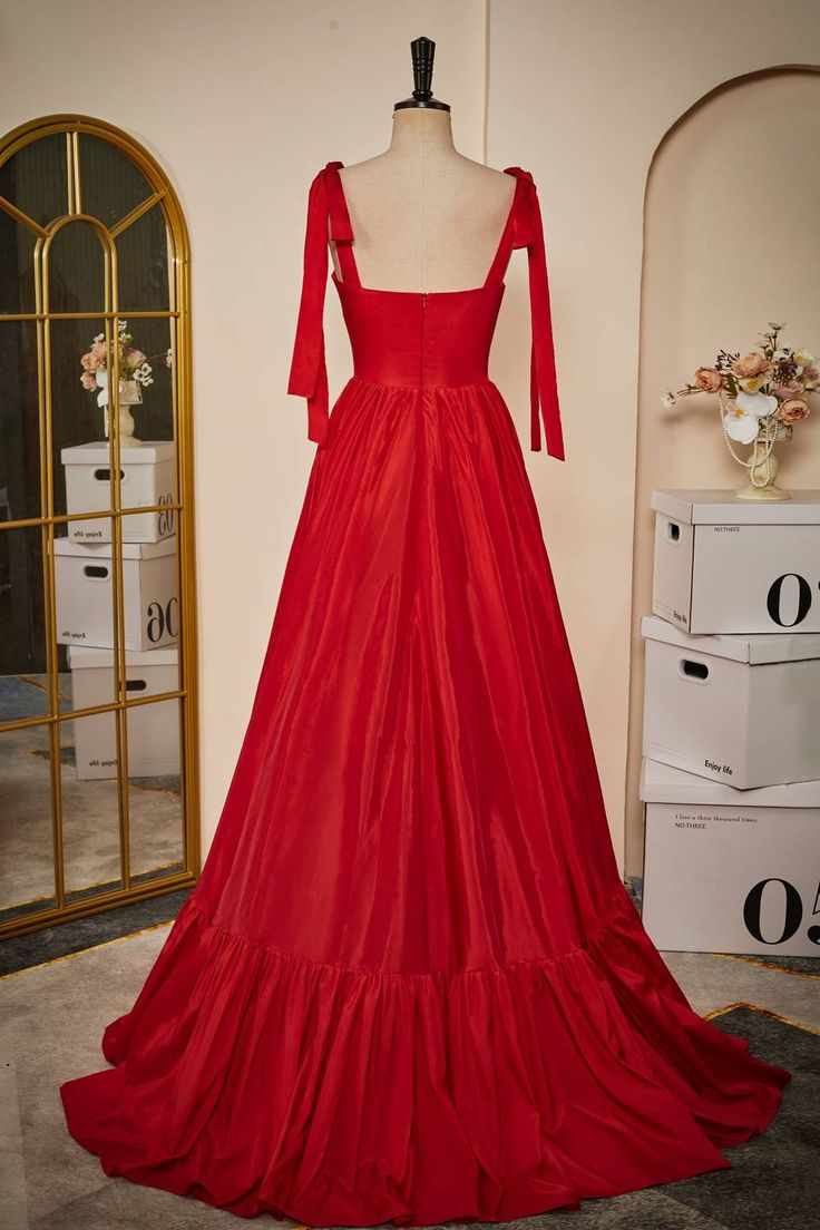 Tie Straps Red Corset A-Line Long Prom Dress Y4956