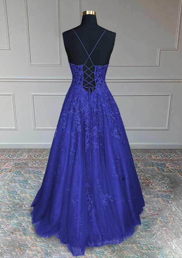Royal Blue Floral Appliques V-Neck A-Line Prom Dress Y4234