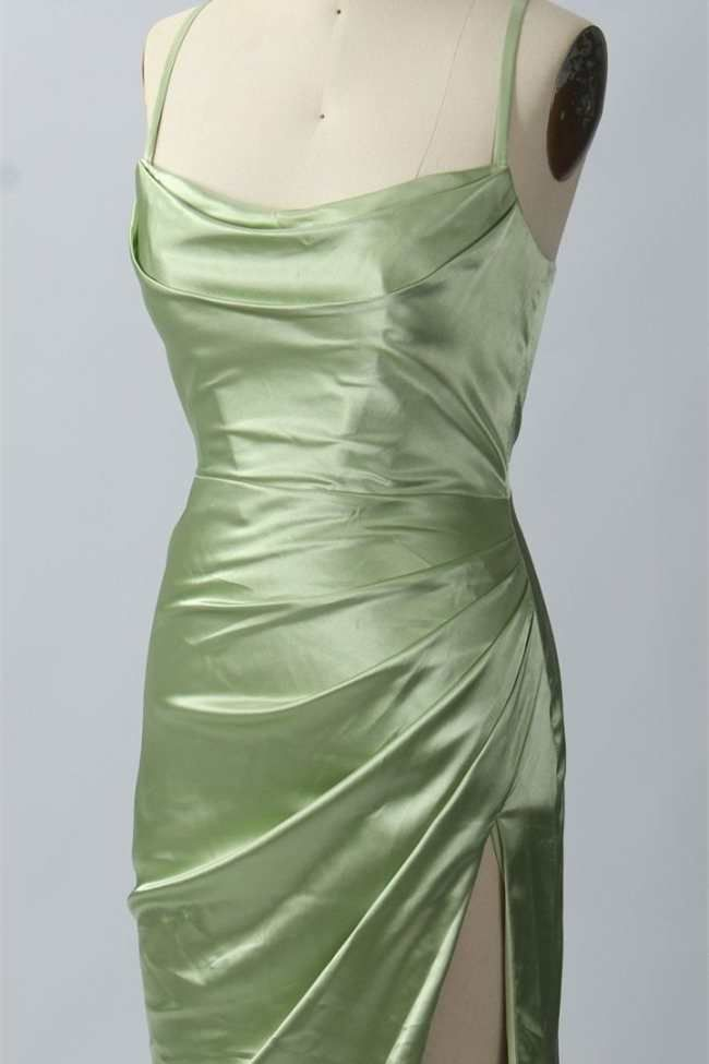 Green Scoop Neck Lace-Up Back Long Prom Dress with Slit Y6853