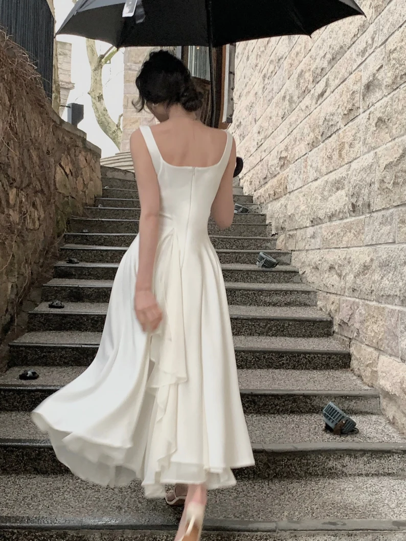 Elegant Ruffles White Midi Dresses Summer New Evening Dress Y4454