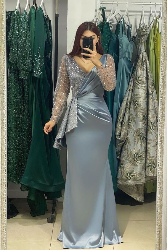 Charming Long V-Neck Long Sleeves Mermaid Prom Dress Mother Of The Bride Y4489