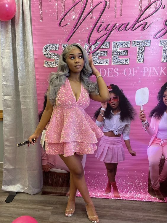 Sparkly Halter Sequin Cocktail Dresses Pink A-line Homecoming Dress Y4245