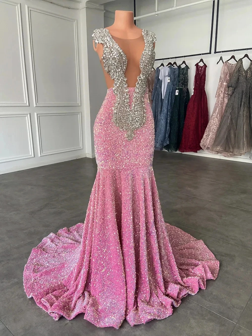 Sparkling pink prom dresses, Sexy sequins mermaid pink prom pageant evening dress Y477
