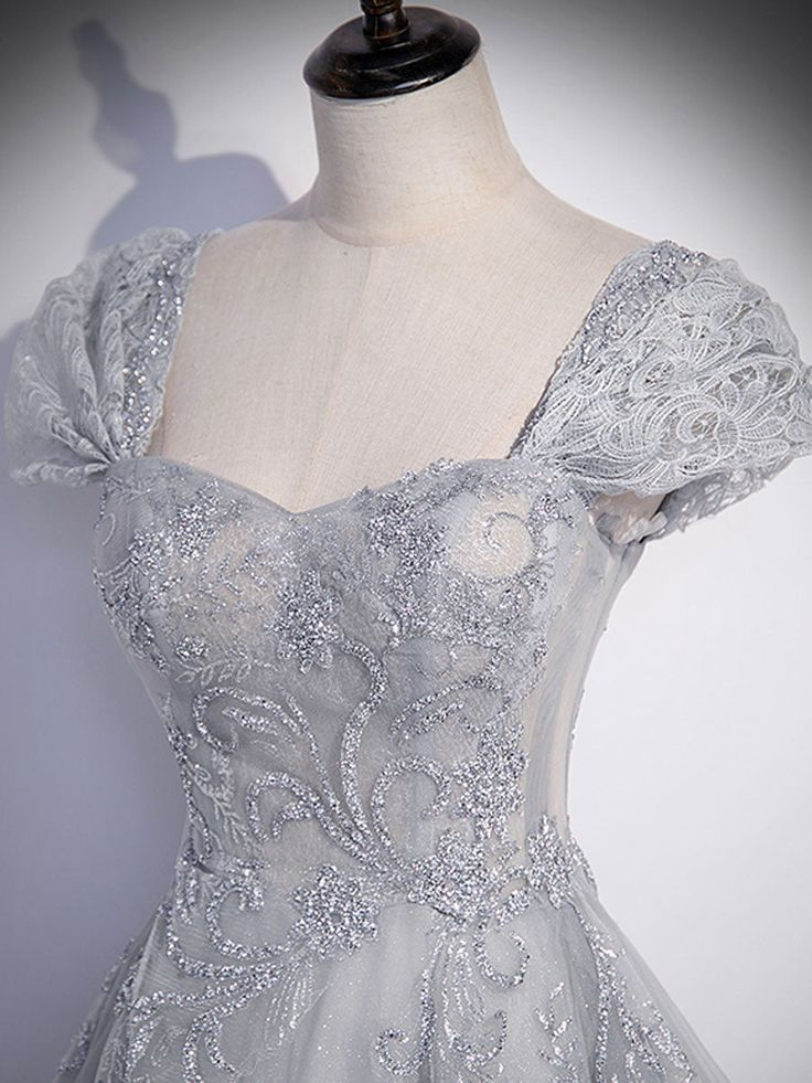 A-Line Gray Tulle Sequin Long Prom Dress, Gray Formal Evening Dress Y4733