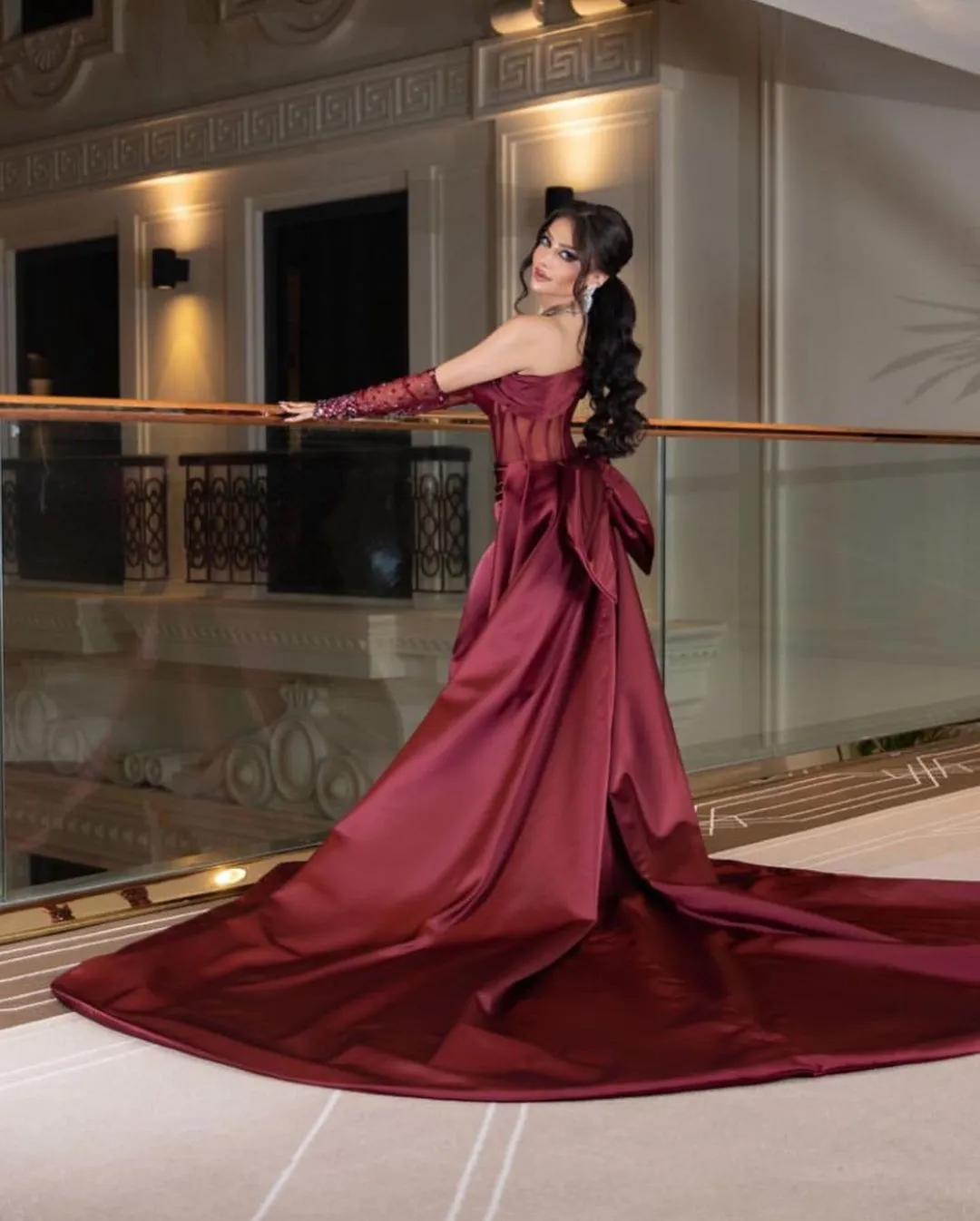 One Shoulder Mermaid Dresses with Beaded Gloves for Women Elegant Party Gown Formal Prom Dresses Court Train Y4617