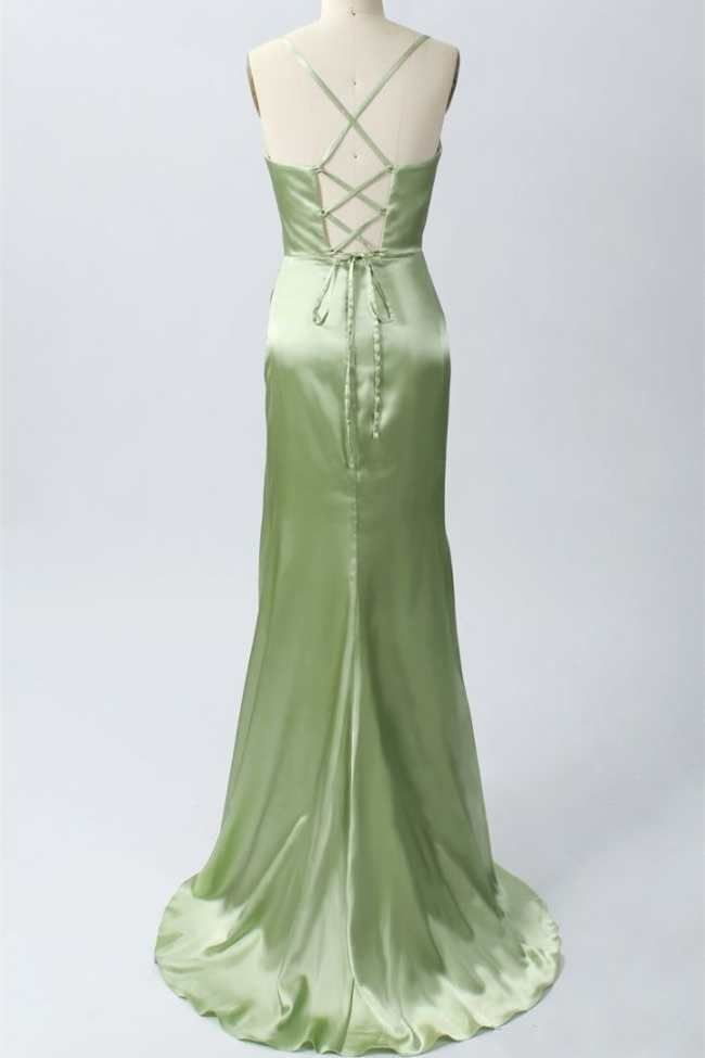 Green Scoop Neck Lace-Up Back Long Prom Dress with Slit Y6853