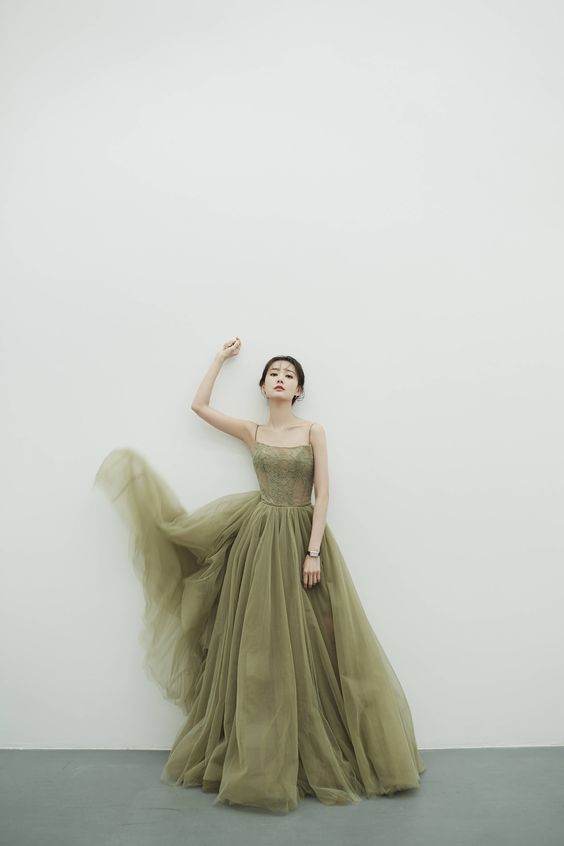 Green A-line Spaghetti Straps Tulle Prom Dress,Green Formal Gown Y2882