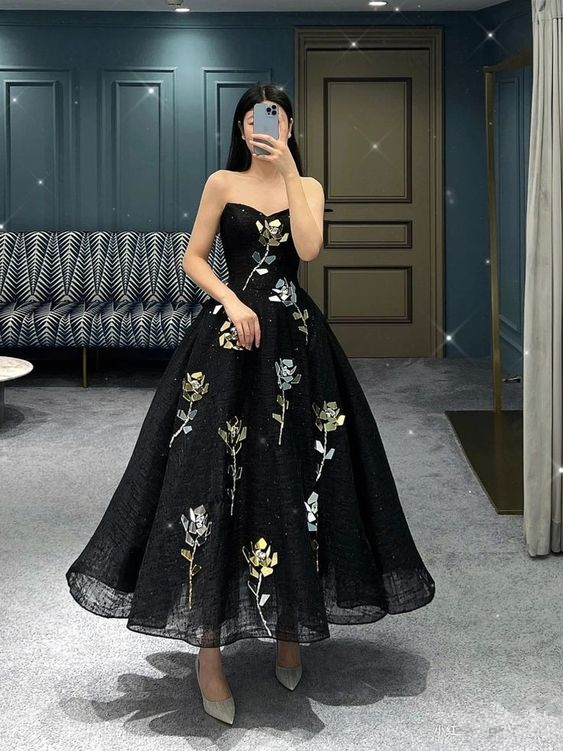 Chic Black Sweetheart A-line Evening Dress,Glam Dress Y6745