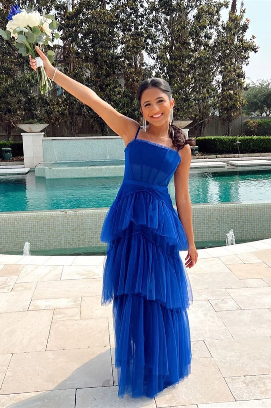 Women's Tiered Prom Dresses Ruffle Tulle Evening Gowns Sleeveless Corset Formal Dress Y4210