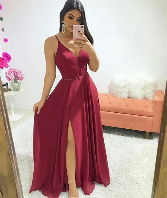 Elegant A-line V Neck Prom Dress With Split Y5725