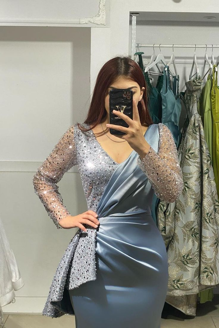 Charming Long V-Neck Long Sleeves Mermaid Prom Dress Mother Of The Bride Y4489