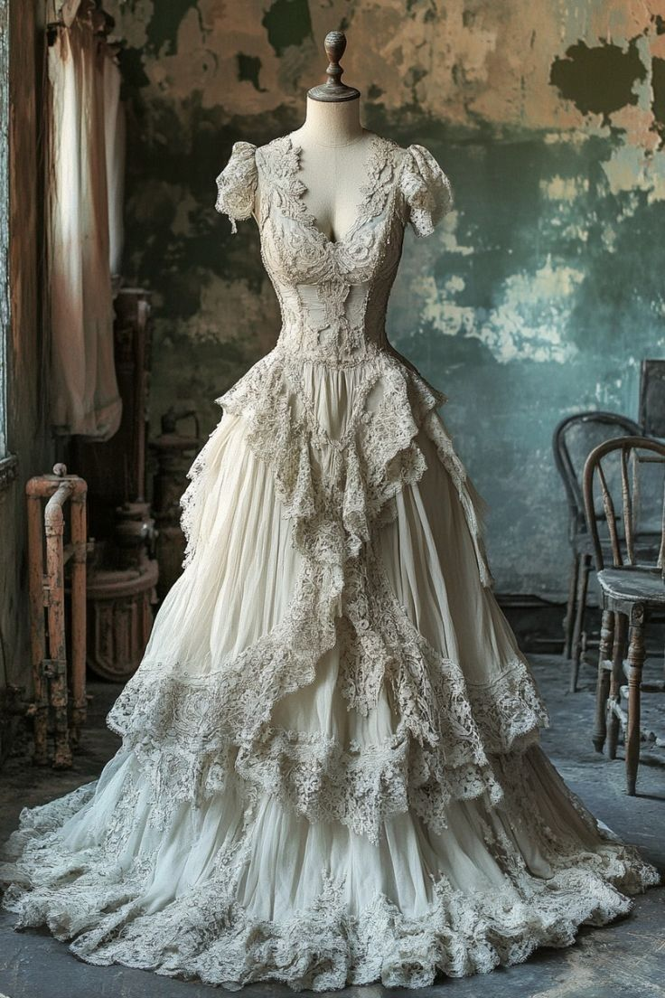 Vintage Ivory Lace Chiffon Ball Gown,Long A Line Wedding Dress Prom Dress Y8029