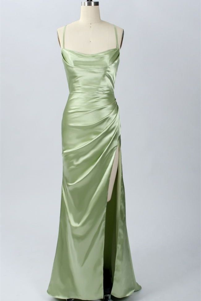 Green Scoop Neck Lace-Up Back Long Prom Dress with Slit Y6853