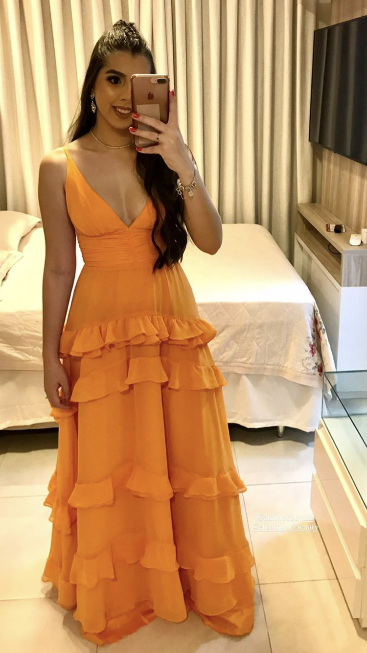 Elegant A-line Orange V Neck Long Prom Dress Y2692