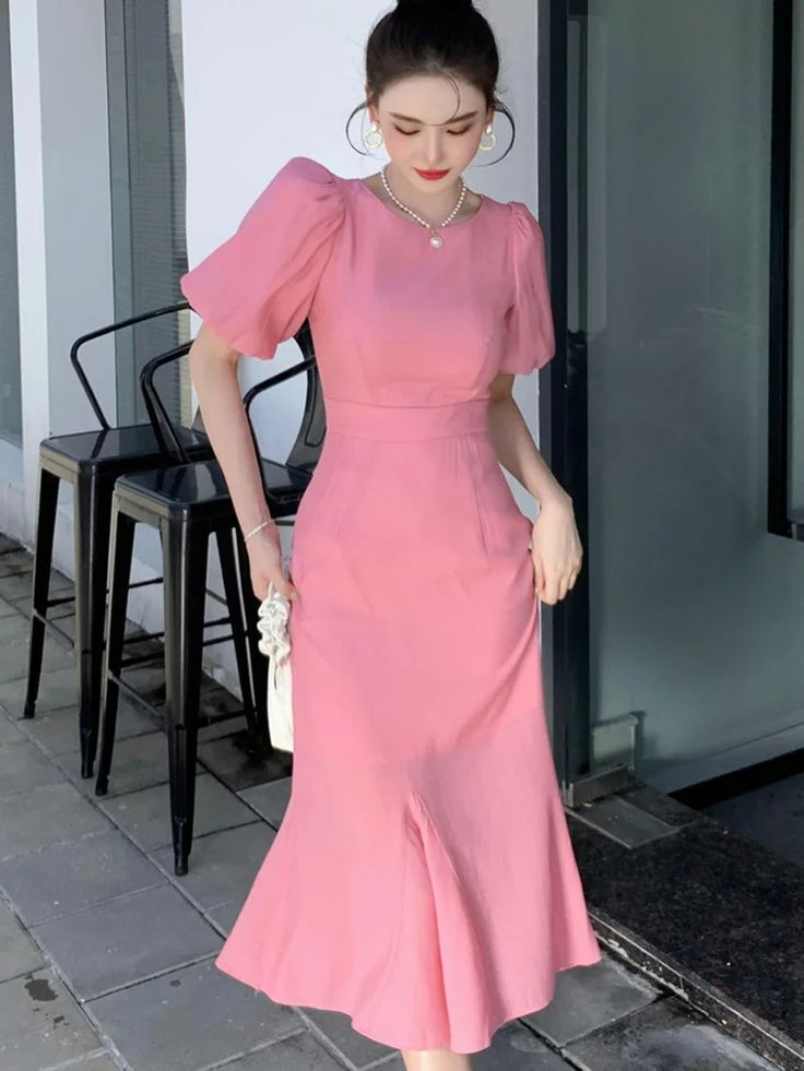 Classy Pink Puff Sleeves Mid-length Prom Dress,Pink Evening Dress Y7113