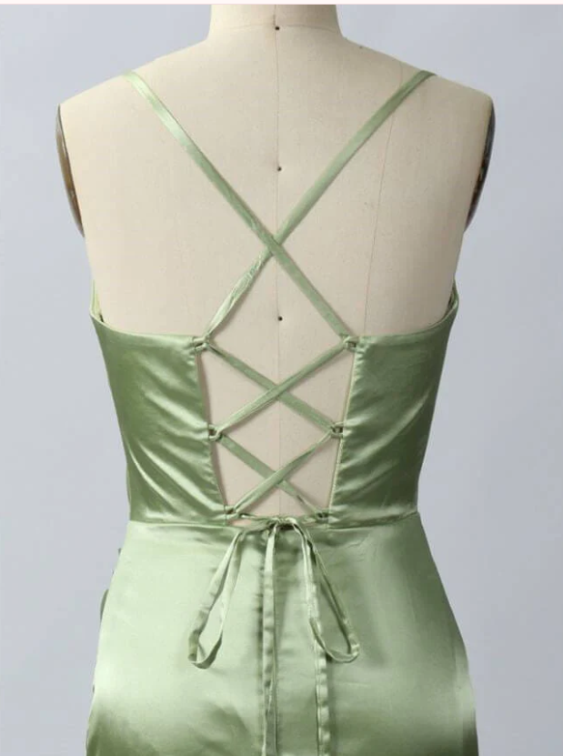 Green Scoop Neck Lace-Up Back Long Prom Dress with Slit Y6853