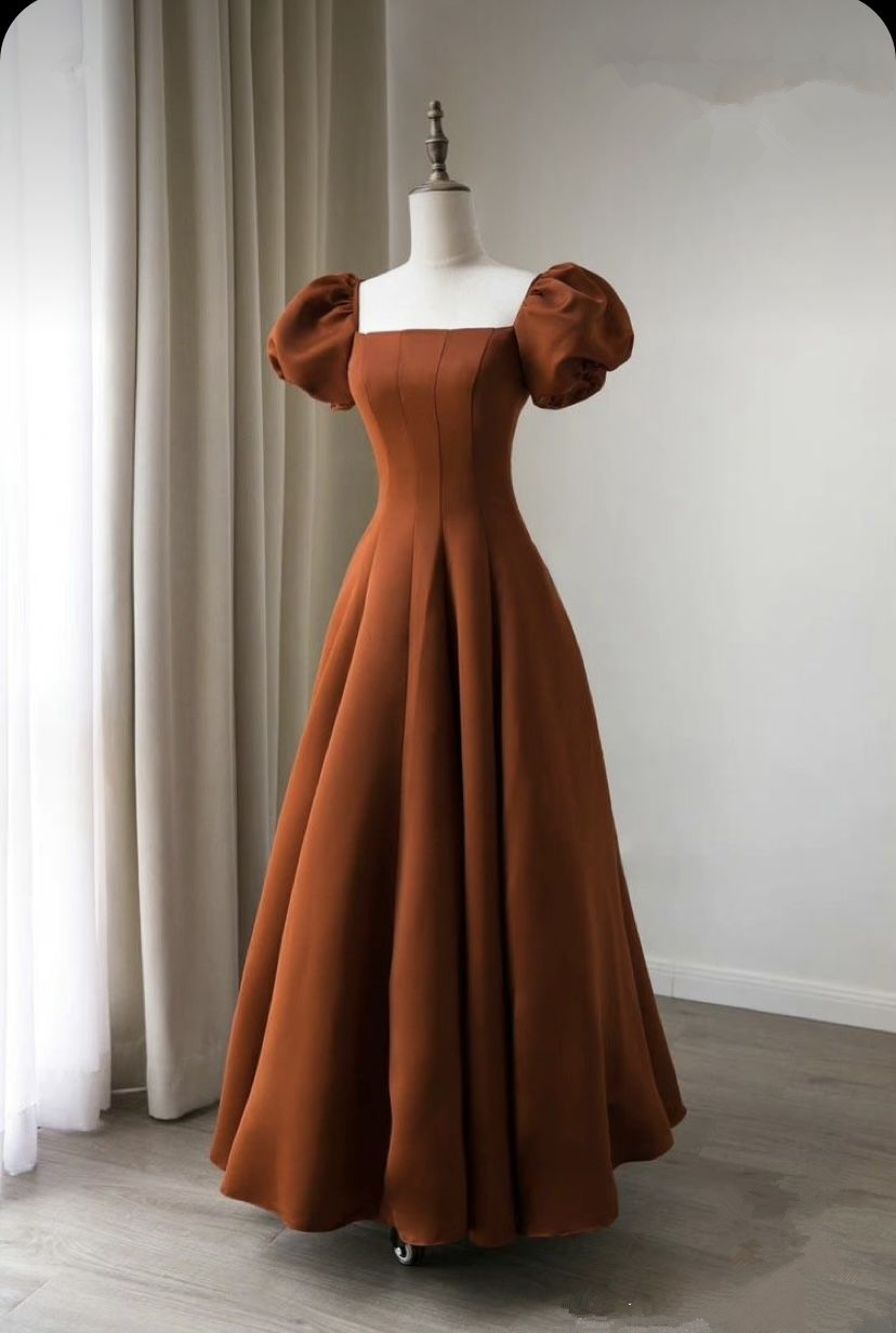 Coffee satin prom dress long Short puffy sleeve ball gown Square neck Fairy formal dress Y4962