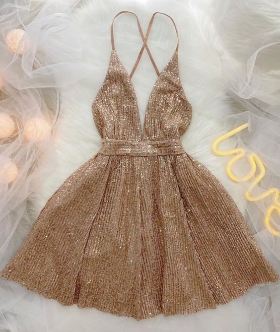 Sexy Deep V Neck Sequins Homecoming Dress,Birthday Party Dress Y2999