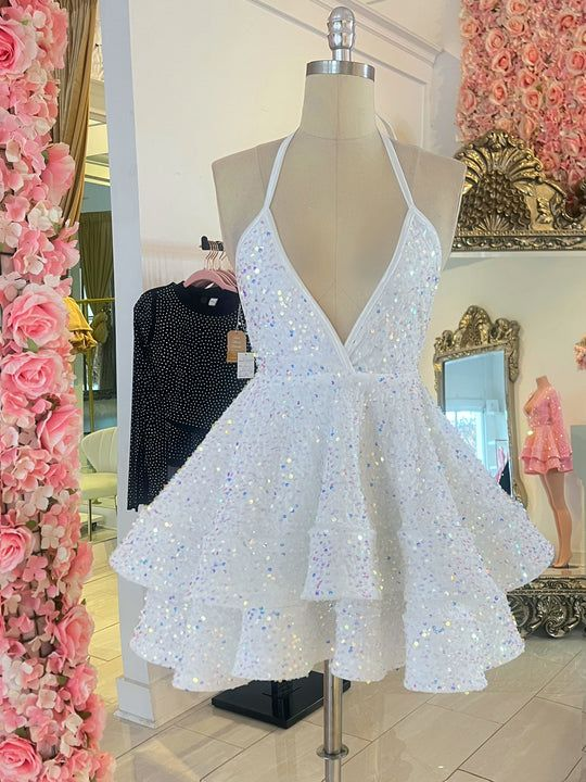 Cute A-line White Sequins Homecoming Dress,White Party Dress Y2154