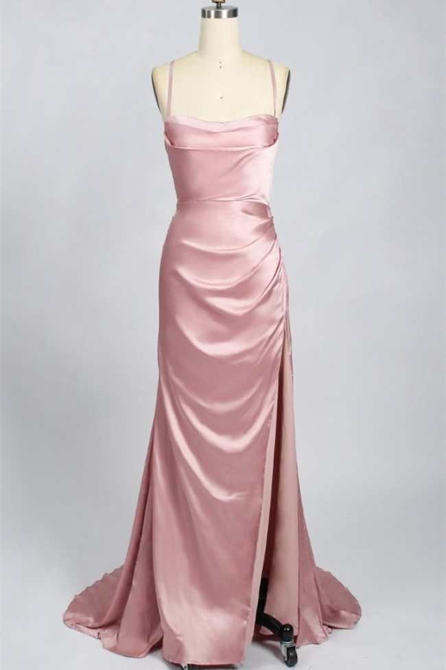 Green Scoop Neck Lace-Up Back Long Prom Dress with Slit Y6853