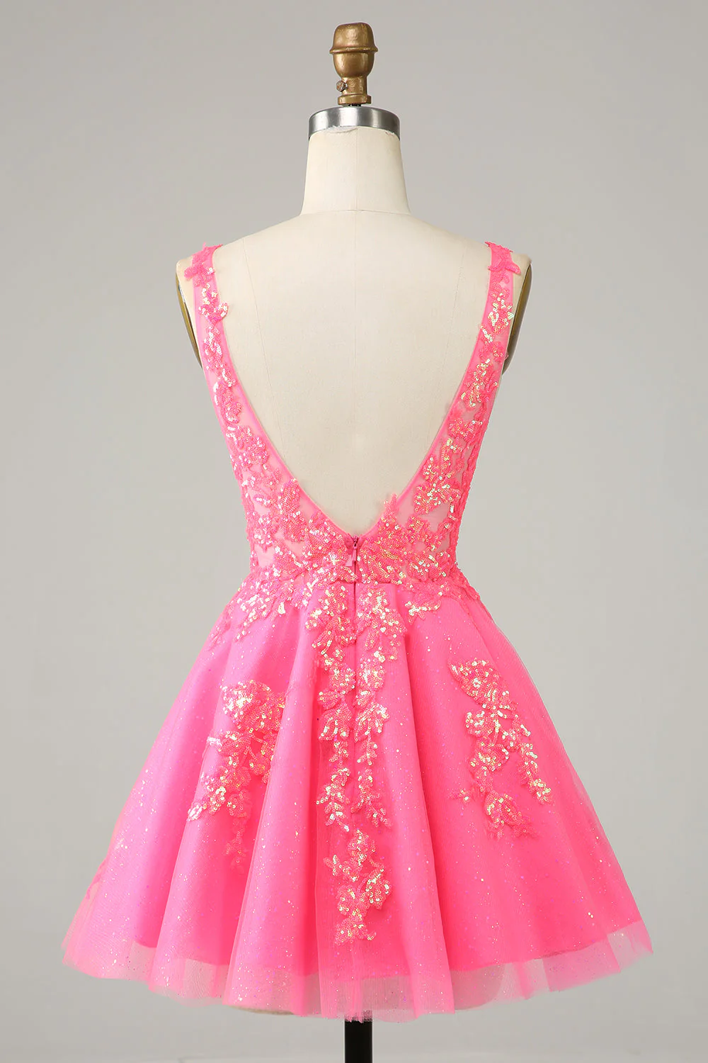 Fuchsia Sequined V Neck Backless Short Homecoming Dress Y4093