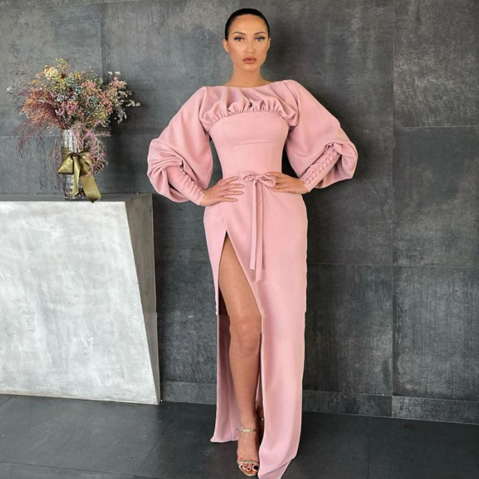 Pink Boat Neck Prom Dress Long Sleeves High Slit Satin Evening Dress Buttoned Cuffs Sheath Formal Party Dress Y4875