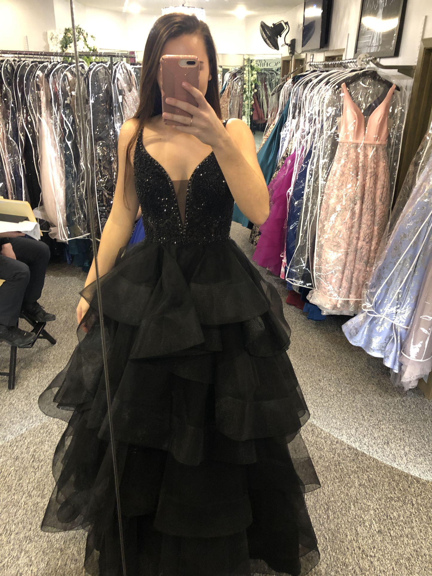 Gorgeous V-Neck Black Beaded Long Prom Dress with Layered Ruffles Y5770
