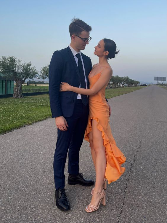 Orange Irregular Ruffle Hem Hi-low Prom Dress Y4138