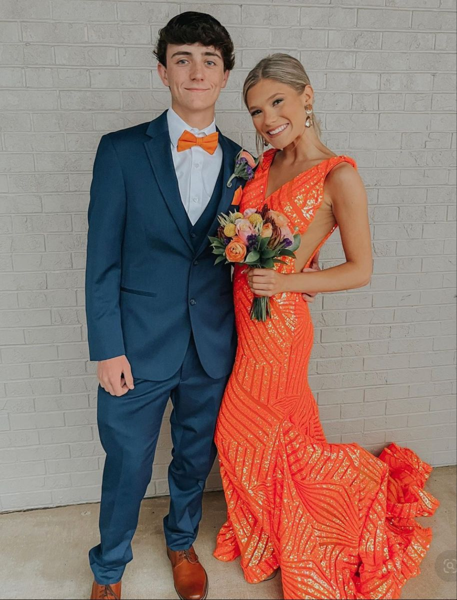 Elegant V Neck Sexy Sleeveless Mermaid Prom Dress,Orange Evening Dress Y5188