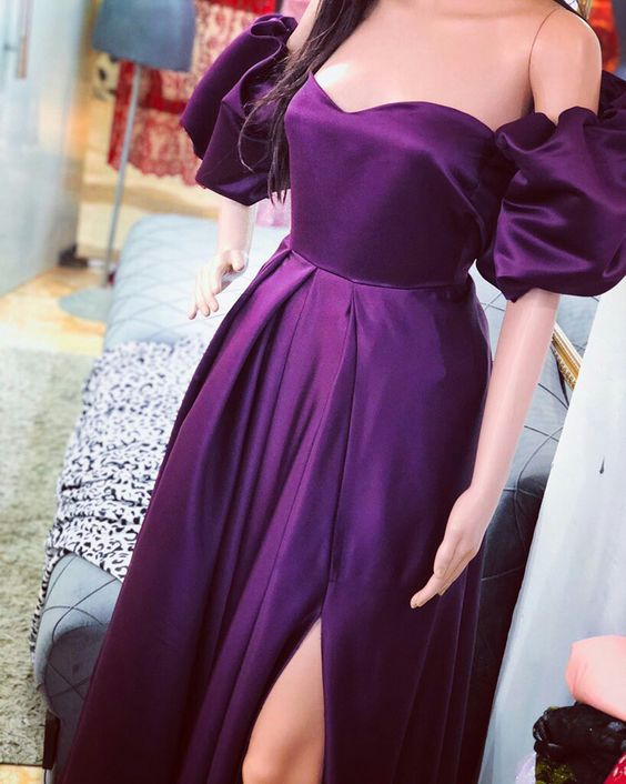 Purple A-line Puffy Sleeves Evening Dress Y5769
