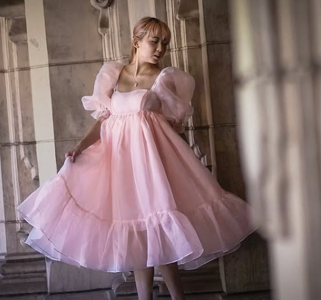 pink princess prom dress, puff sleeves organza dress, classic simple elegant dress Y6910