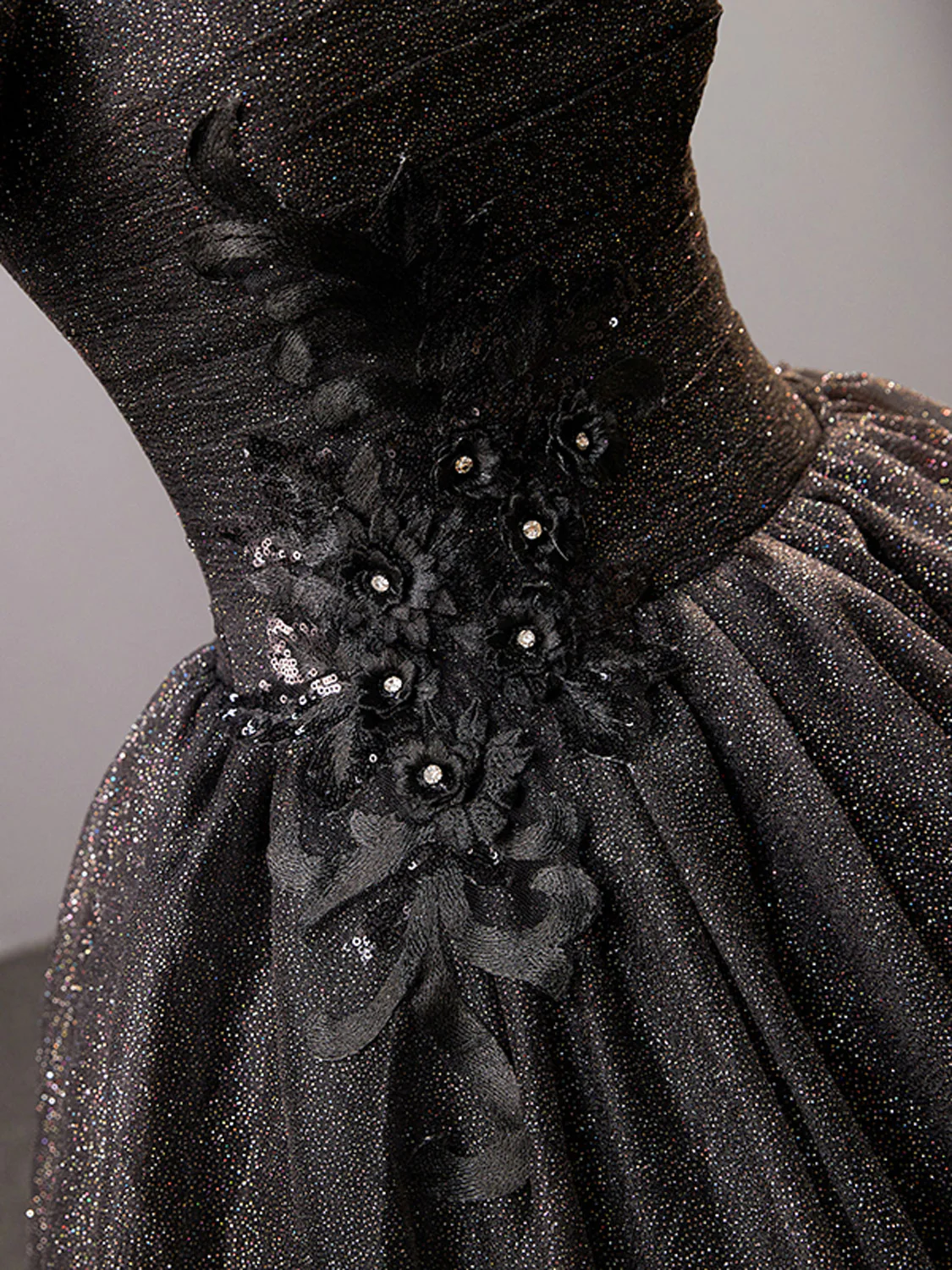 Black Square Neckline Tulle Long Prom Dress, Shiny Black Evening Dresses Y4386