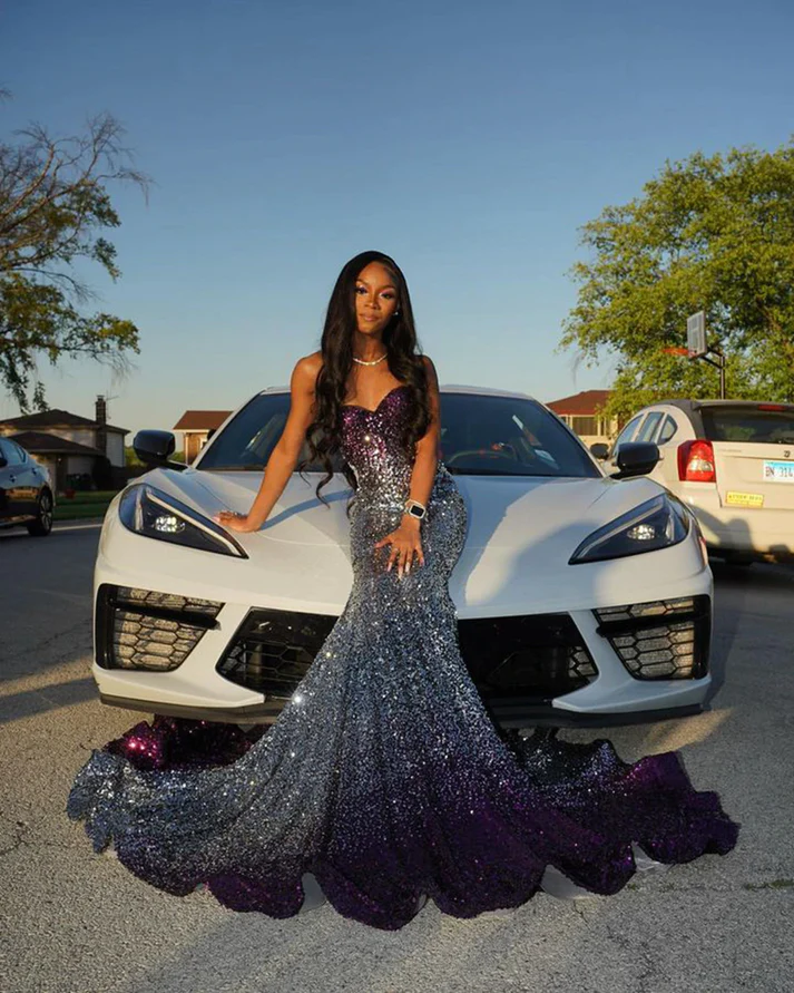 Long Sparkly Prom Dresses Gorgeous Sweetheart Sexy Mermaid Silver and Purple Sequin Black Girls Prom Party Gowns Y4250