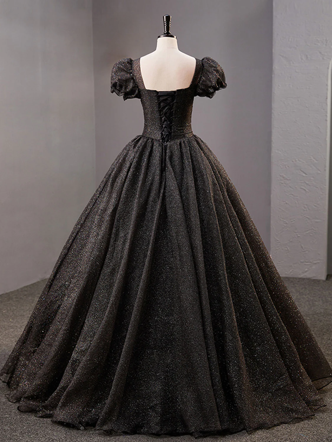 Black Square Neckline Tulle Long Prom Dress, Shiny Black Evening Dresses Y4386