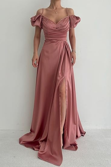 Elegant Dusty Rose Off-the-shoulder A-line Prom Dress With Slit Y4829