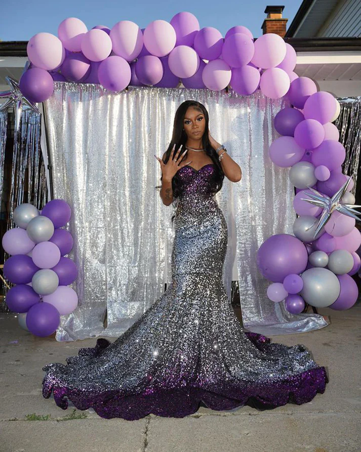 Long Sparkly Prom Dresses Gorgeous Sweetheart Sexy Mermaid Silver and Purple Sequin Black Girls Prom Party Gowns Y4250