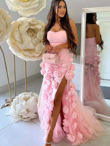 Chic Pink Strapless Long Prom Dress with 3D Flowers Y2723