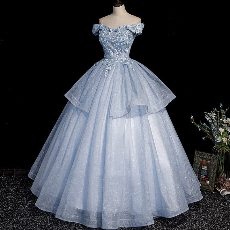 Blue tulle lace long ball gown dress formal dresses Y4208