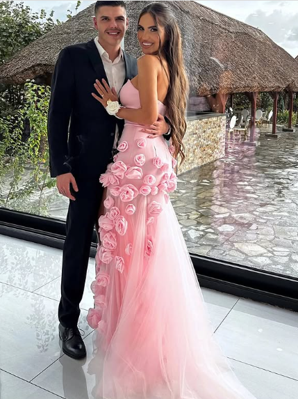 Chic Pink Strapless Long Prom Dress with 3D Flowers Y2723