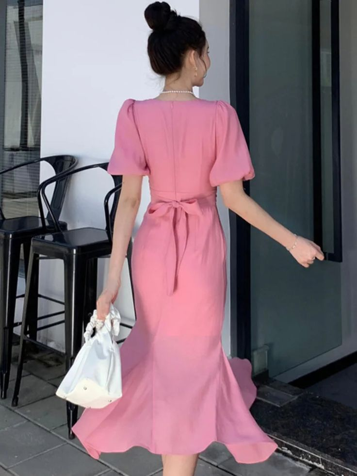 Classy Pink Puff Sleeves Mid-length Prom Dress,Pink Evening Dress Y7113