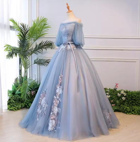 Unique blue tulle lace long prom dress, blue evening dress S13770