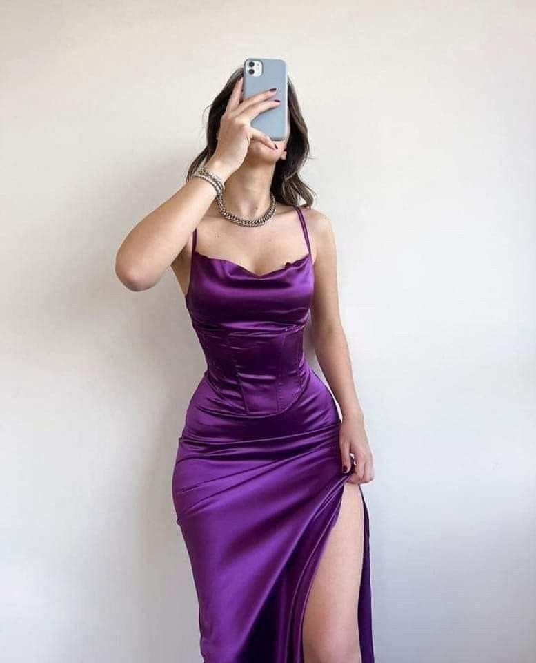 Purple Satin Long Prom Dress with High Slit,Sexy Party Dress Y4997