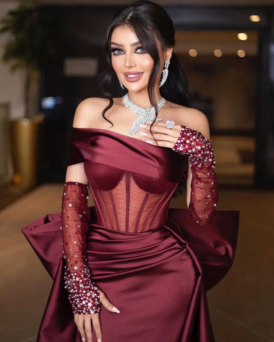 One Shoulder Mermaid Dresses with Beaded Gloves for Women Elegant Party Gown Formal Prom Dresses Court Train Y4617