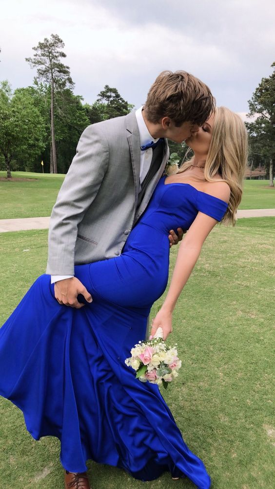 Charming Mermaid Off the Shoulder Royal Blue Satin Prom Dresses,Evening Party Dresses Y5766