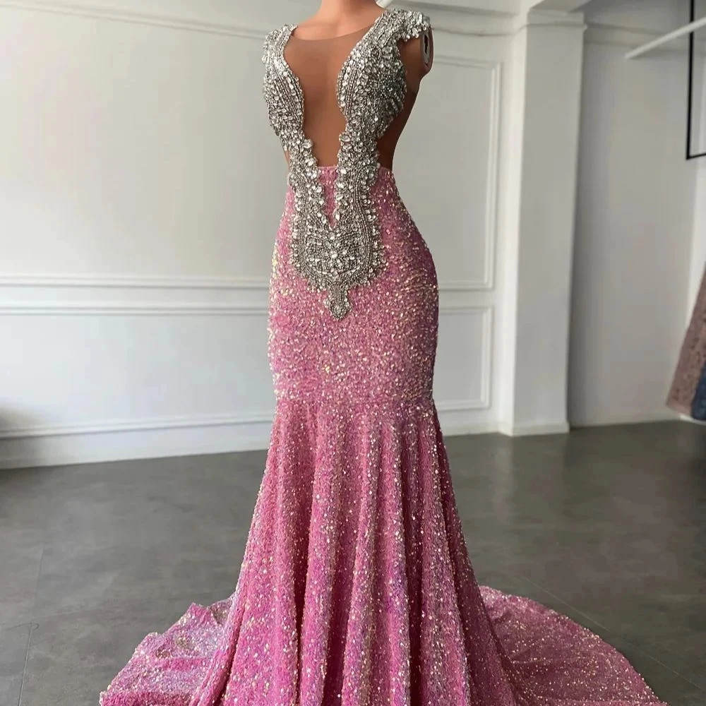 Sparkling pink prom dresses, Sexy sequins mermaid pink prom pageant evening dress Y477
