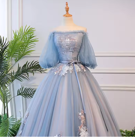 Unique blue tulle lace long prom dress, blue evening dress S13770
